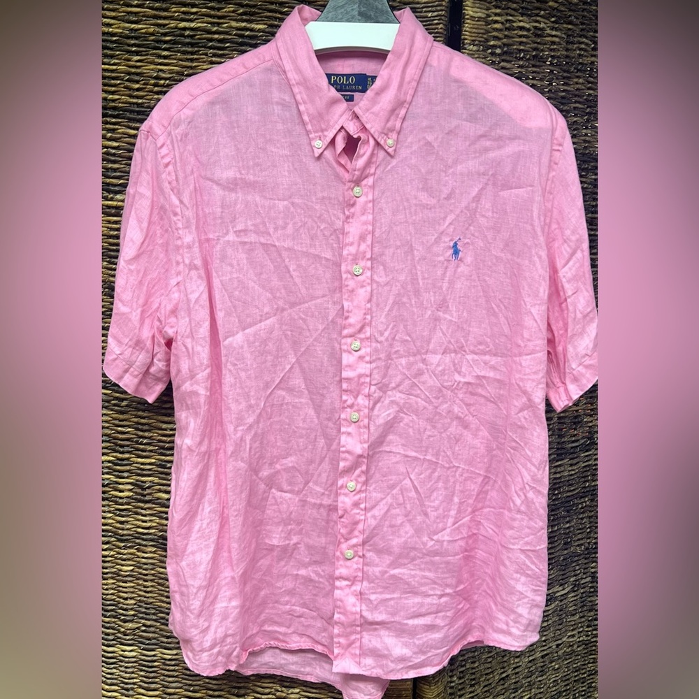 Polo by Ralph Lauren-Pink Men's Shirt- Piece Dye Linen-‎ Authentic, Size: XL
